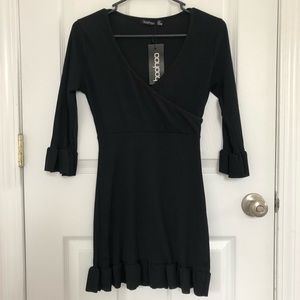 Black 3/4 Sleeve Dress Ruffled Hem